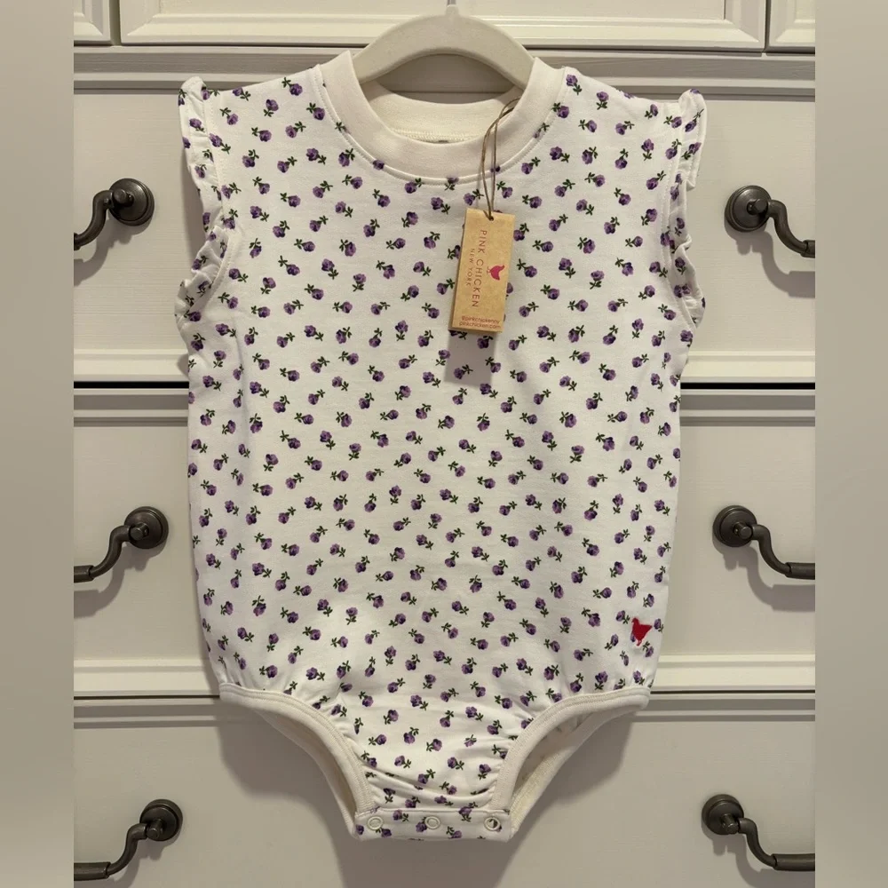 NWT Pink Chicken NY Baby Girls Organic Sweatshirt Bubble Tiny Purple Roses 18-24 - Picture 1 of 6